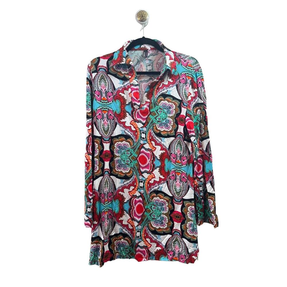 LA Moda Swim Coverup Womens Size X-Large Multicolor Floral VNeck Long Sleeve